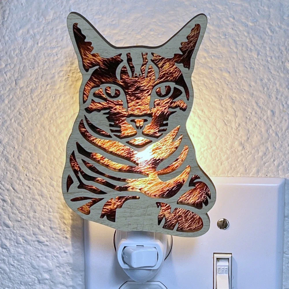 Handcrafted Wood‎ Cat Tabby Nightlight Feline Decor